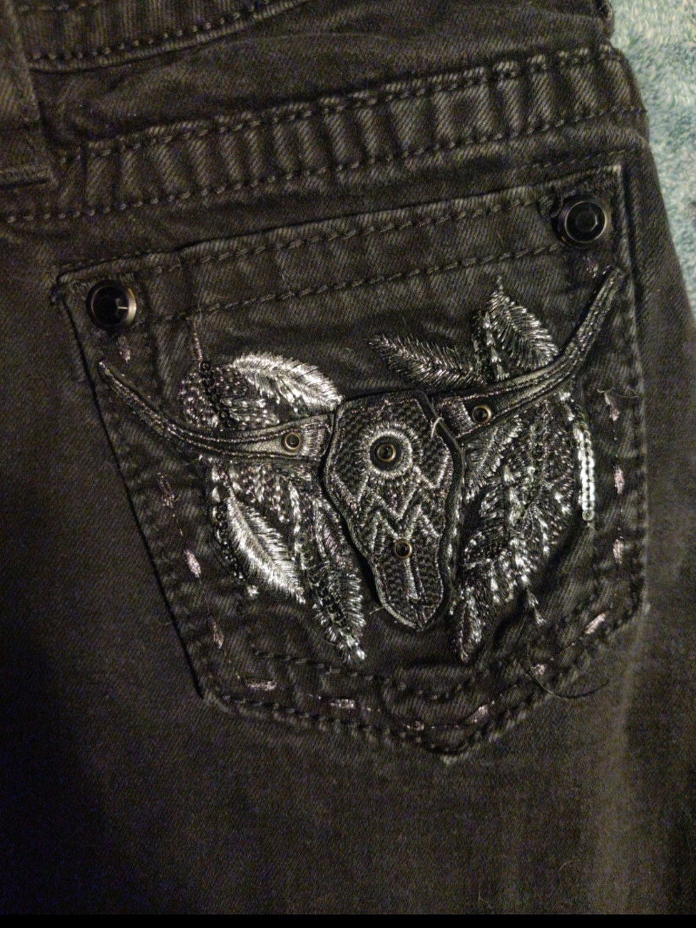 Miss Me Black Bootcut Jeans with Embroidered Steer & Feather Pocket